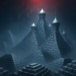 A cavernous vault filled with pyramid stacks of silver bars morphs into Kremlin-like domes under icy blue light and a faint red glow, evoking Russia’s monumental accumulation of silver reserves.