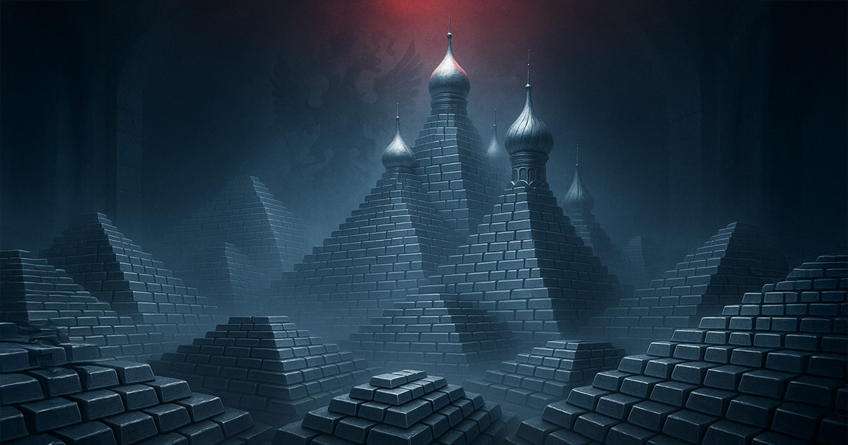 A cavernous vault filled with pyramid stacks of silver bars morphs into Kremlin-like domes under icy blue light and a faint red glow, evoking Russia’s monumental accumulation of silver reserves.