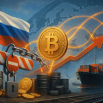 A bright, hyper-realistic scene shows a Russian flag beside blocked barrels and a chained barrier as glowing crypto routes arc over a world map toward cargo ships.