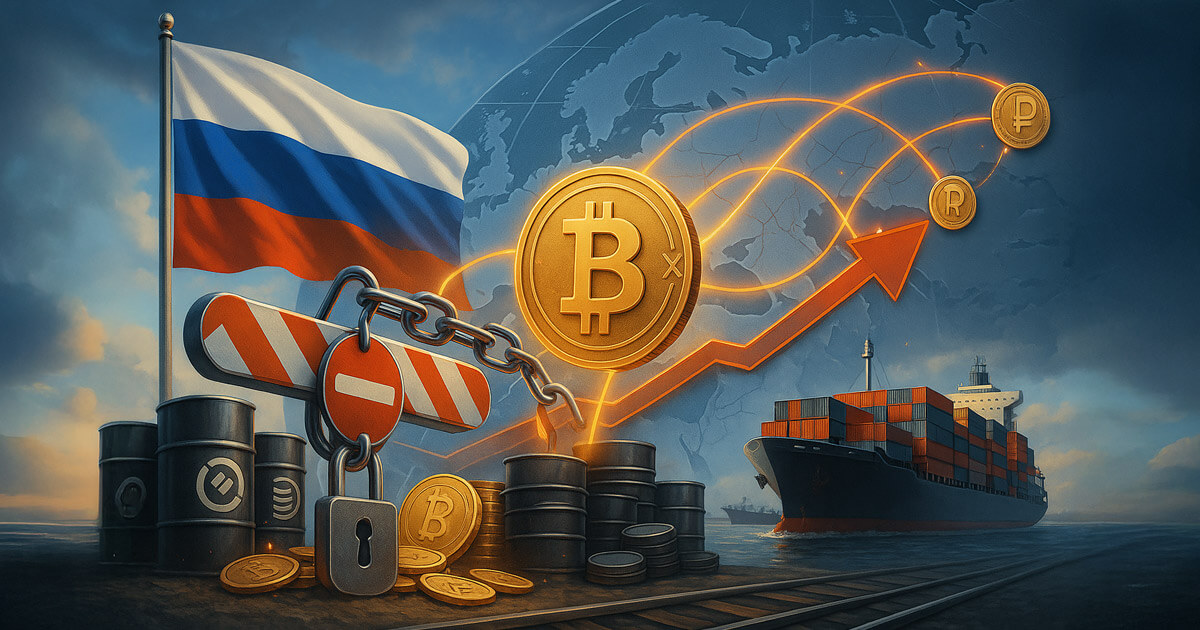A bright, hyper-realistic scene shows a Russian flag beside blocked barrels and a chained barrier as glowing crypto routes arc over a world map toward cargo ships.
