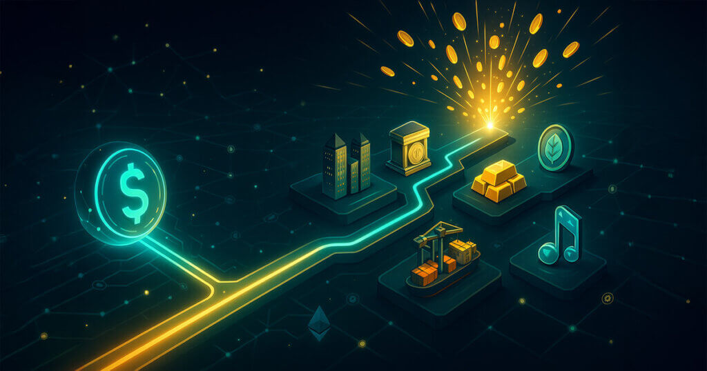A cinematic illustration shows a glowing blockchain highway branching beyond a stablecoin orb into islands for treasuries, real estate, commodities, trade finance, carbon credits, private credit, and royalties, lit in deep navy with neon teal and gold.
