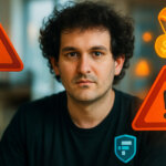 Sam Bankman-Fried holds up a phone displaying a QR-style contact card as bright phishing icons and an FTX shield glow around him, highlighting new scam threats to investors.