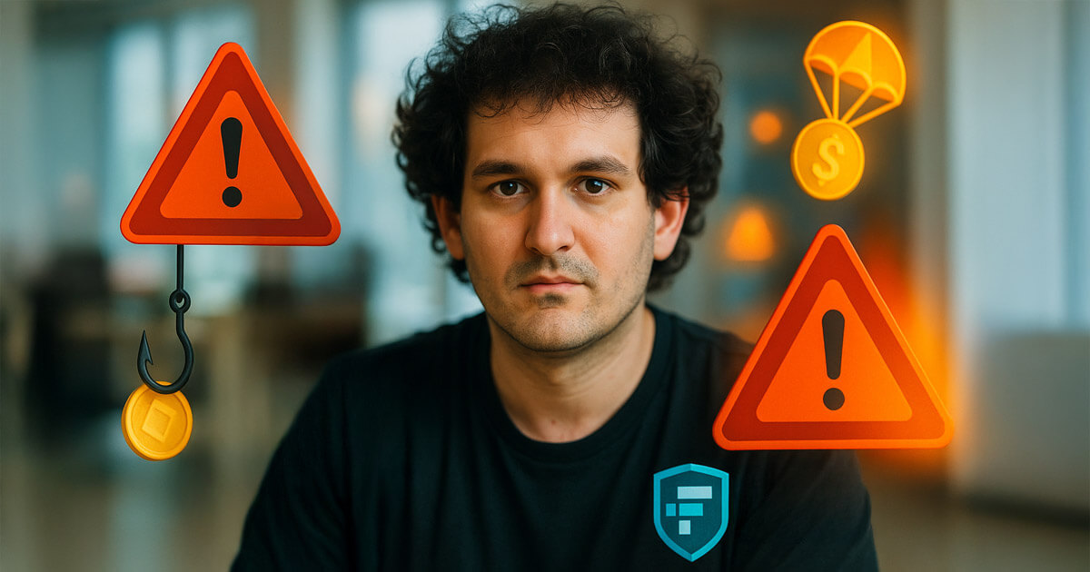 Sam Bankman-Fried holds up a phone displaying a QR-style contact card as bright phishing icons and an FTX shield glow around him, highlighting new scam threats to investors.