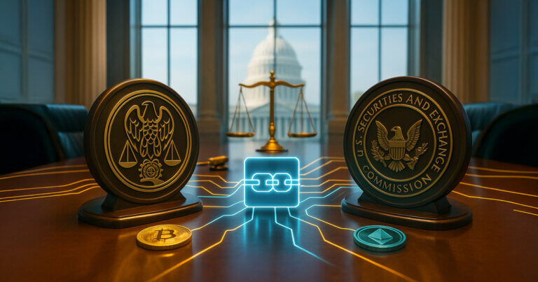 conference table shows SEC and CFTC seals facing each other with a glowing blockchain node linking Bitcoin and Ethereum tokens under the Capitol dome, symbolizing a joint “crypto clarity” roundtable.