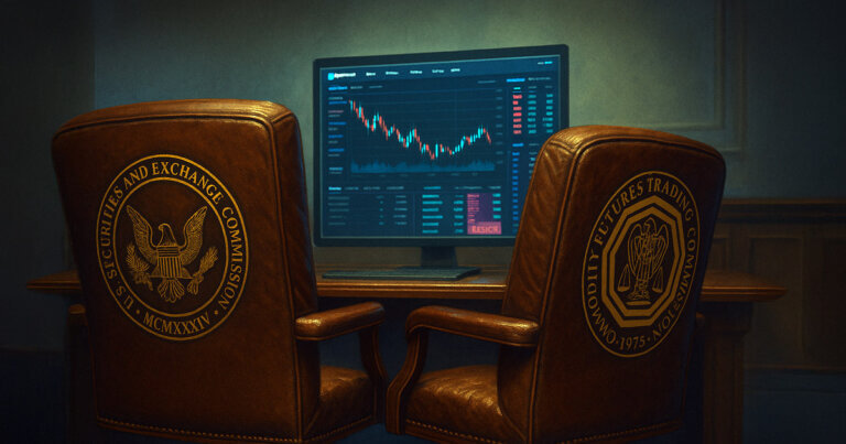 Two chairs with SEC and CFTC crests face an empty crypto exchange terminal - Cover art/illustration via CryptoSlate