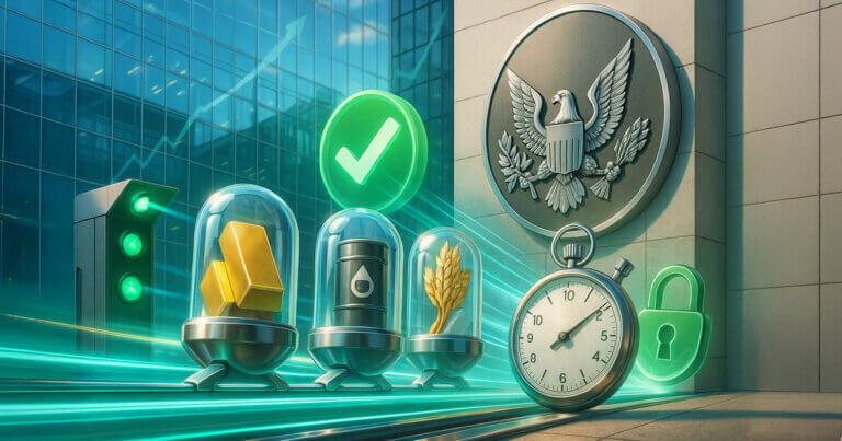 A daylit SEC facade with an eagle seal overlooks commodity icons in glass ETF capsules shooting past green lights and a stopwatch, symbolizing faster approvals under new listing standards