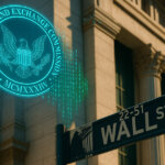 The SEC seal morphs into digital code above the Wall Street sign outside the New York Stock Exchange - Cover art/illustration via CryptoSlate.