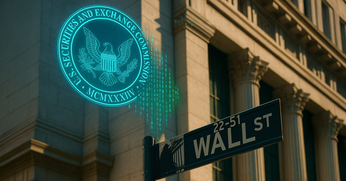 The SEC seal morphs into digital code above the Wall Street sign outside the New York Stock Exchange - Cover art/illustration via CryptoSlate.