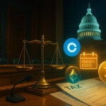 A bright cinematic Senate hearing room shows scales of justice, microphones, and glowing Bitcoin, Ethereum, Coinbase, and Coin Center logos beside a symbolic tax form and calendar icon.