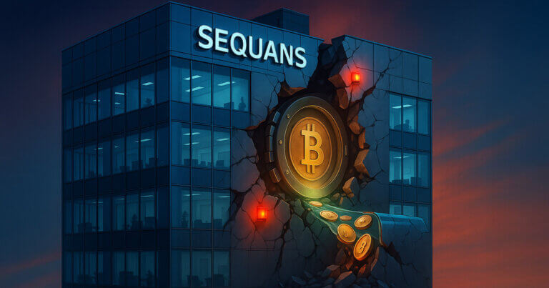 Sequans corporate headquarters cracks open to reveal a hidden Bitcoin vault glowing with gold light - Cover art/illustration via CryptoSlate.