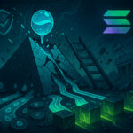 Neon-lit ruins show a cracked pyramid leaking aqua-blue streams that split into four glowing channels toward dark exchange cubes as a fractured Solana logo hovers overhead.