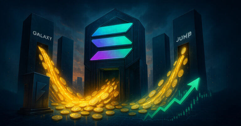 a radiant Solana vault absorbing torrents of capital from Galaxy Digital, Jump Crypto, and Multicoin monoliths as bullish charts surge upward.