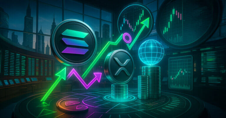 A neon-lit trading floor shows Solana and XRP coins hovering over an options grid as a CME-like holographic globe and rising charts signal new futures options markets