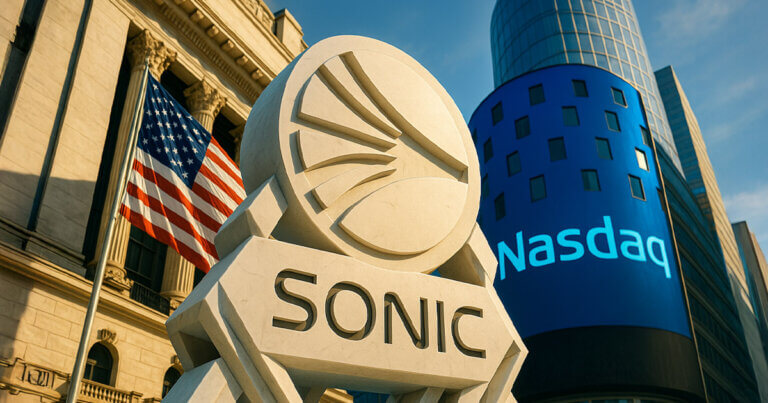 Sonic’s logo is engraved into a marble sculpture before the Nasdaq building with the US flag waving - Cover art/illustration via CryptoSlate.