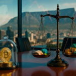 A bright, photorealistic Cape Town boardroom scene shows a stack of Bitcoin under a glass dome beside a heavier scale of diversified assets, symbolizing caution against overexposure.