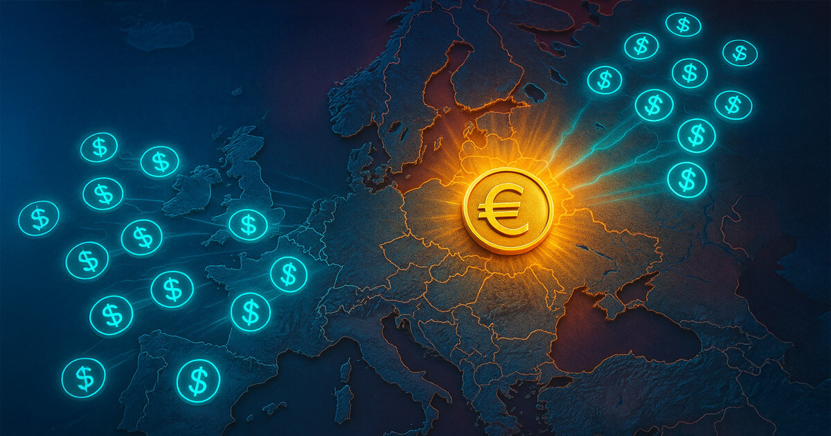 A glowing ECB seal radiates over Europe as teal stablecoins swarm across the continent in a digital clash - Cover art/illustration via CryptoSlate.