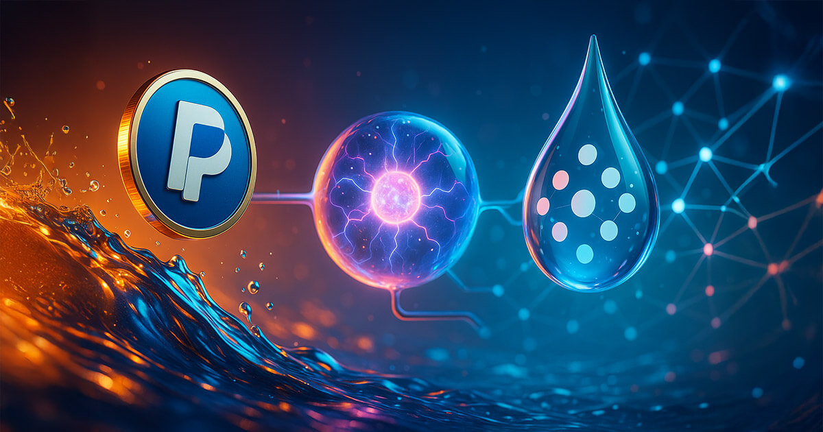 A bright, cinematic scene shows a PayPal logo coin cresting a vibrant liquid wave toward a glowing plasma sphere and a glass droplet with Polkadot-style dots, symbolizing a surge of new stablecoin initiatives.
