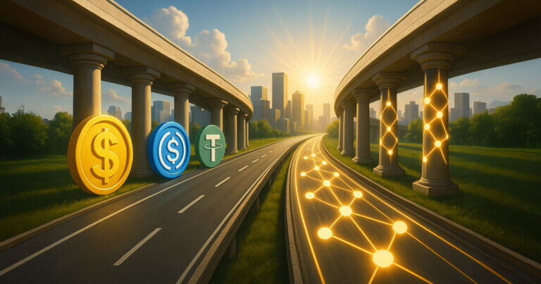two sunlit highways—one lined with brand stablecoin icons like USDC and USDT, the other glowing with validator nodes—merging toward a modern city.