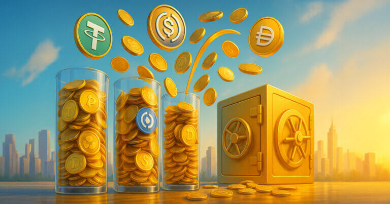 A bright cinematic scene shows overflowing glass cylinders of USDT, USDC, and DAI coins arcing into a golden vault against a clear daylight skyline, symbolizing surging stablecoin supply.