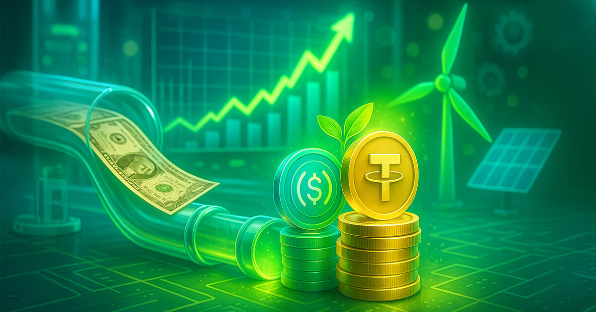 A bright, cinematic 16:9 scene showing paper dollars flowing through a glowing transparent pipeline and emerging as luminous USDC and USDT coins stacking beside green leaves, wind turbines, solar panels, and an upward chart, all in vivid greens, teals, blues, and golds with crisp mid-to-high key lighting.