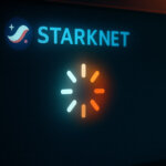 A Starknet loading screen shows the updated logo and spinning wheel during service downtime - Cover art/illustration via CryptoSlate.