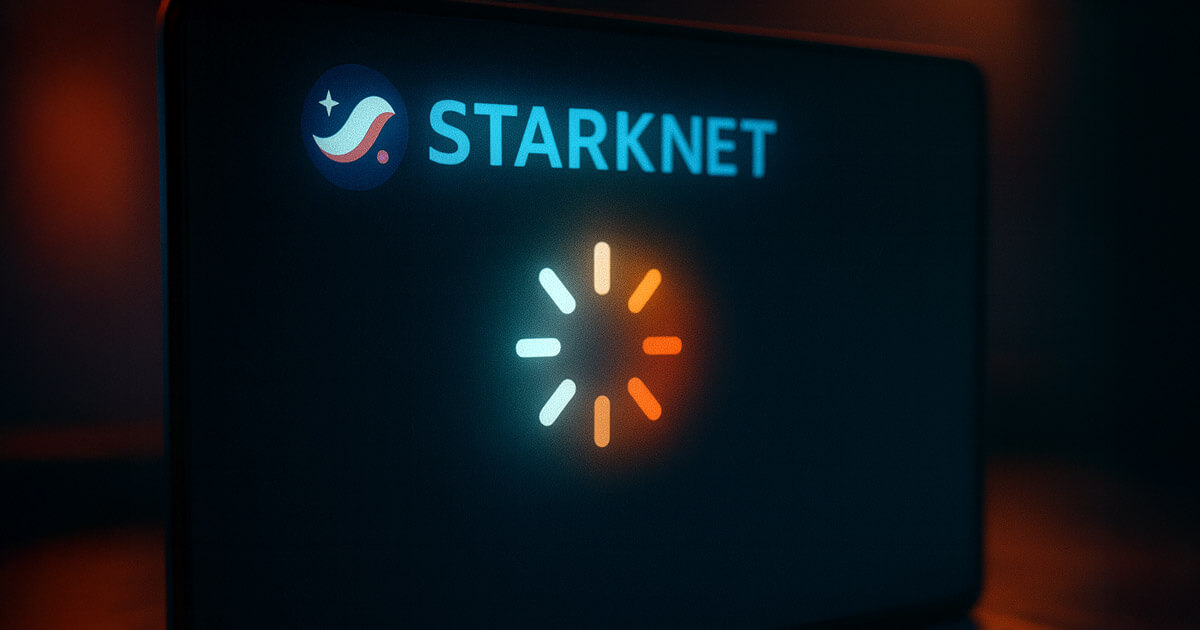 A Starknet loading screen shows the updated logo and spinning wheel during service downtime - Cover art/illustration via CryptoSlate.