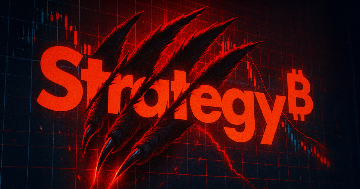 Bear claws slash through the Strategy logo on a glitching trading chart, symbolizing market decline - Cover art/illustration via CryptoSlate.