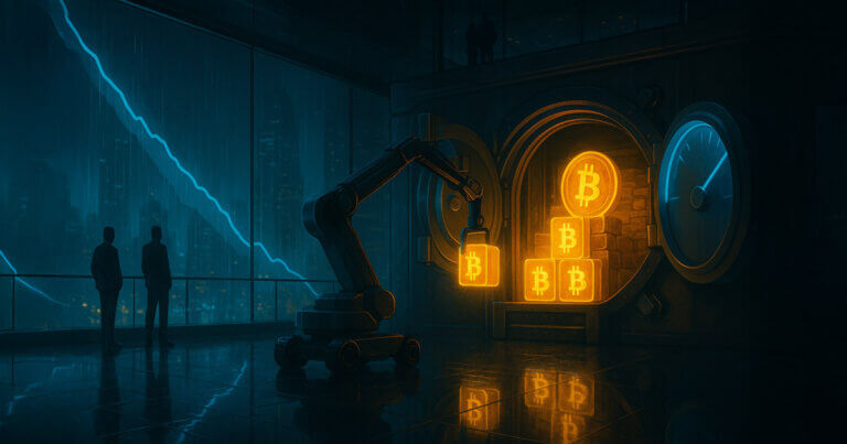 A nighttime corporate treasury scene shows a robot loading glowing Bitcoin into a vault while a blue gauge and falling chart hint at record-low mNAV