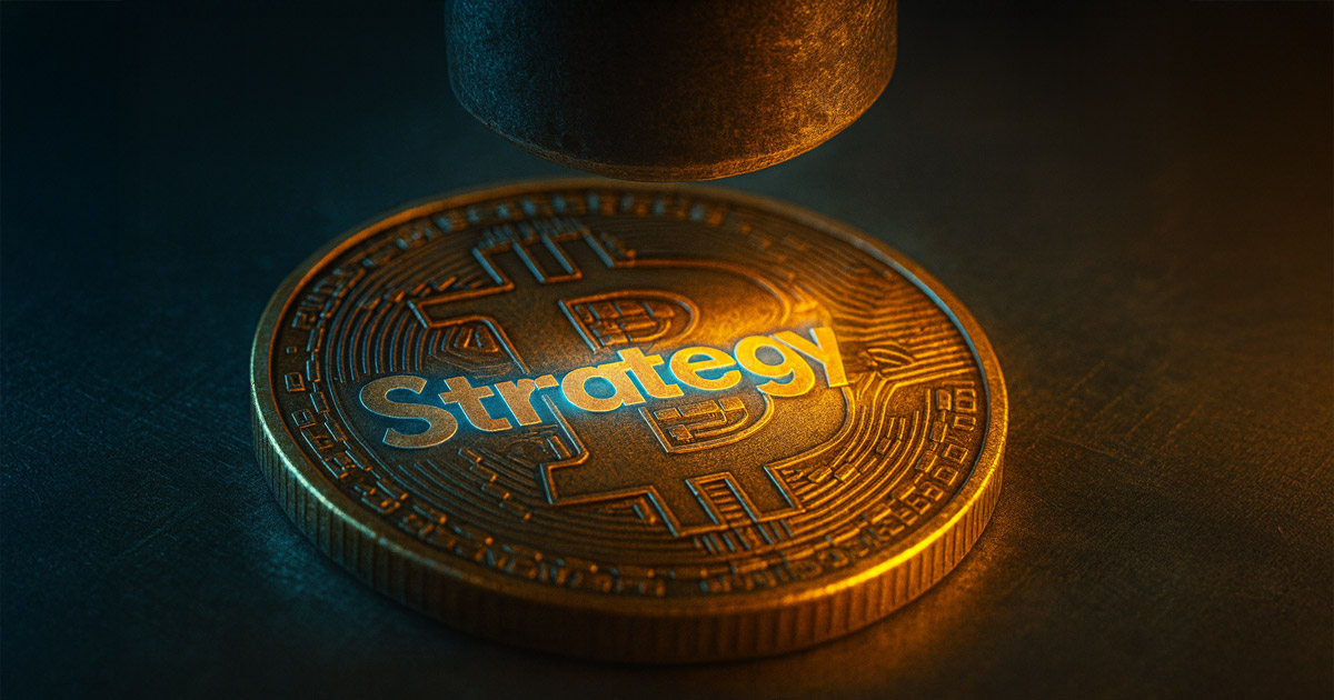 A macro shot shows a Strategy coin pressed into a Bitcoin, merging logos into a glowing hybrid asset - Cover art/illustration via CryptoSlate.