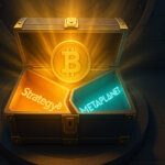 A Bitcoin treasure chest glows as two-thirds are marked by Strategy and Metaplanet logos, symbolizing their control of supply - Cover art/illustration via CryptoSlate.