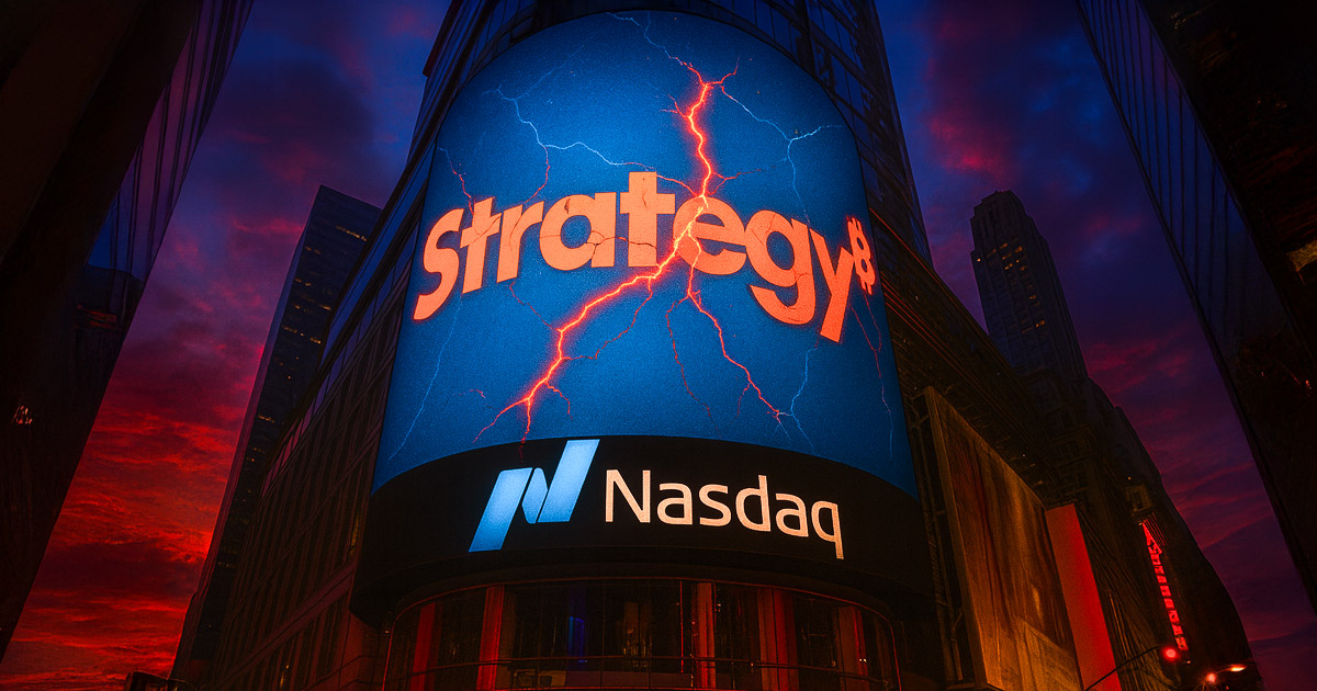 The Strategy logo appears cracked on a Nasdaq digital billboard in Times Square as crypto scrutiny intensifies - Cover art/illustration via CryptoSlate.