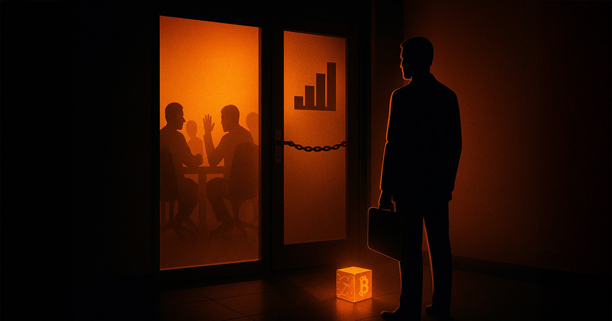 A solitary businessman stands in a dark corridor outside a glowing orange boardroom where shadowy figures confer behind frosted glass, evoking a secretive committee shutting him out.