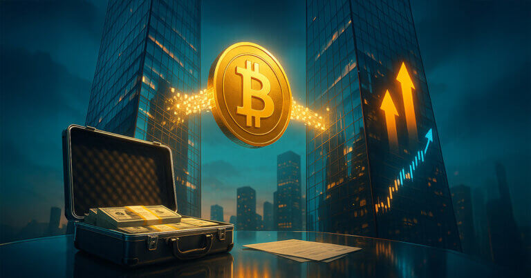 A bright, cinematic image shows a giant golden Bitcoin hovering between two glass skyscrapers connected by a glowing data bridge, with an open briefcase of cash on a reflective table and upward arrows reflected on the buildings to symbolize a high-premium acquisition.