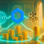 Chainlink hexagon linking by neon rails to the SWIFT globe and UBS keys above gold coin stacks and contract icons, symbolizing tokenized fund workflows.