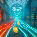 a glowing SWIFT sphere splitting into two rails—left a red, valve-clogged bottleneck, right fast teal lanes carrying BTC/ETH/stablecoin tokens past green lights—asking whether the new ledger chokes or boosts crypto.