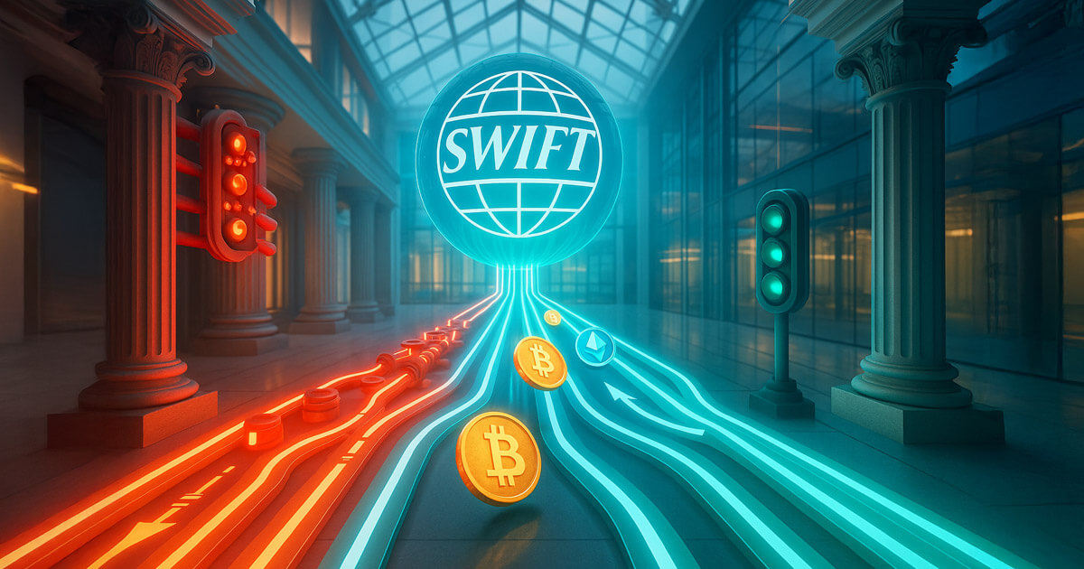 a glowing SWIFT sphere splitting into two rails—left a red, valve-clogged bottleneck, right fast teal lanes carrying BTC/ETH/stablecoin tokens past green lights—asking whether the new ledger chokes or boosts crypto.