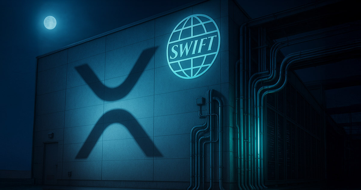 A giant XRP shadow looms across a Swift data center wall under moonlight and neon glow - Cover art/illustration via CryptoSlate.