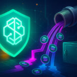 SwissBorg shield faces a cracked “API” pipe spilling Solana tokens toward a vault on a dark network grid, symbolizing the partner compromise and fund drain.
