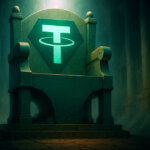 throne glows with the Tether logo in a misty, columned hall under a soft green spotlight