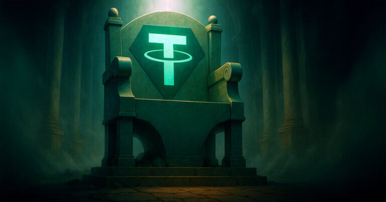 throne glows with the Tether logo in a misty, columned hall under a soft green spotlight