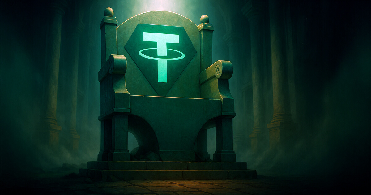 throne glows with the Tether logo in a misty, columned hall under a soft green spotlight