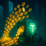 A glowing Tether vault in green draws streams of golden Bitcoins alongside towering ETF monoliths, visualizing Tether as a top corporate accumulator.
