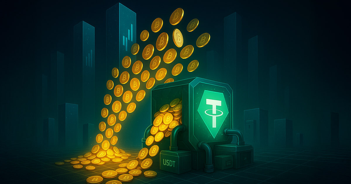 A glowing Tether vault in green draws streams of golden Bitcoins alongside towering ETF monoliths, visualizing Tether as a top corporate accumulator.