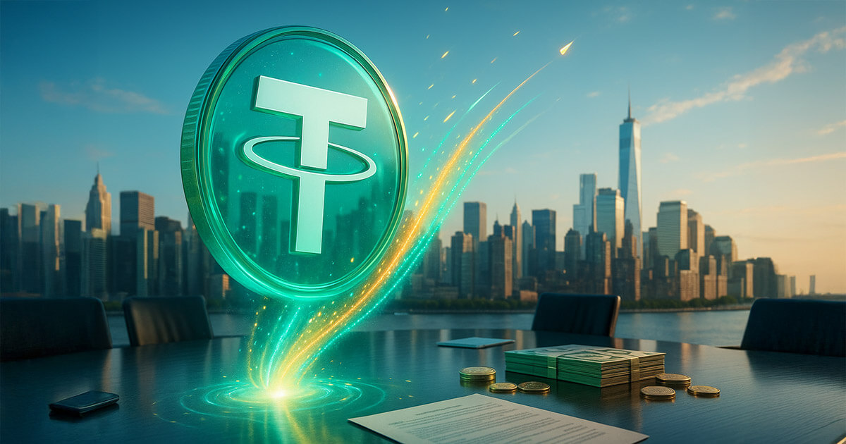 A luminous emerald Tether coin towers over a sunlit city skyline as golden and cyan particle streams surge toward it across a glossy boardroom table, symbolizing a massive funding influx and sky-high valuation.