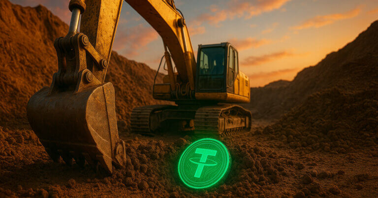 An excavator digs into a mining site, unearthing a glowing green Tether token under golden hour light - Cover art/illustration via CryptoSlate.