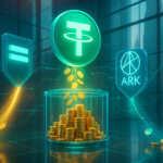 atrium shows SoftBank and Ark Invest logos channeling glowing streams of coins into a central glass vault beneath a luminous Tether coin, symbolizing a massive funding round.