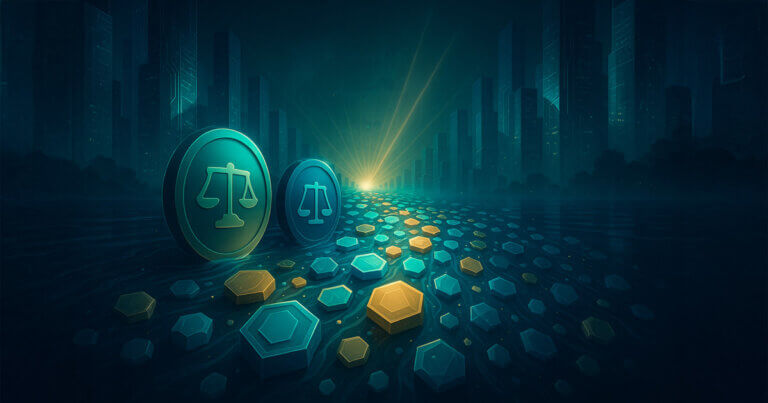 A luminous river of digital tokens streams through a futuristic finance city as three large, steady coin-discs lead the flow under teal and blue glow.