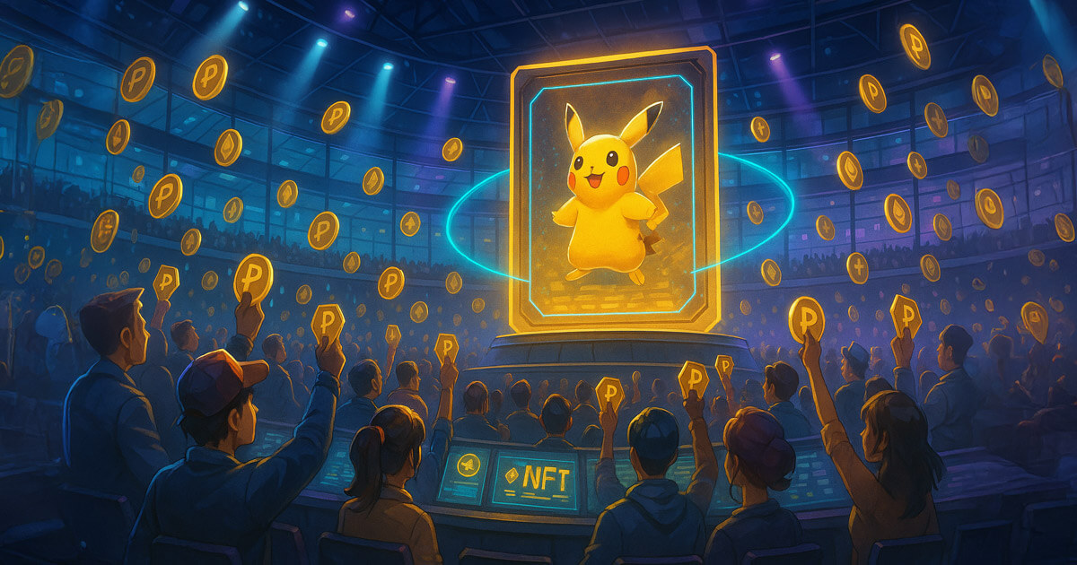 A digital illustration shows trainers bidding on tokenized Pokémon inside a futuristic auction arena - Cover art/illustration via CryptoSlate.