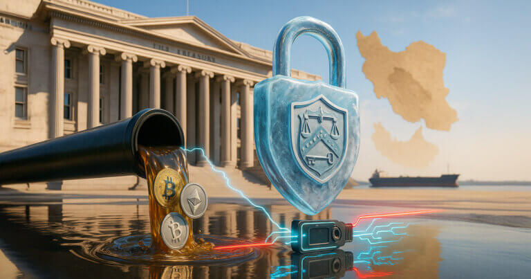 Daylight strikes a frosted Treasury shield severing neon crypto flows from an oil pipeline as a faint Iran map and tanker sit beyond the sunlit federal façade