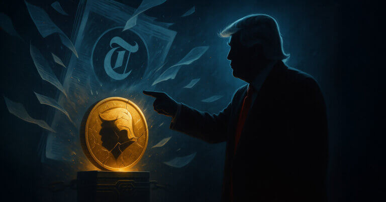 A dramatic 16:9 scene shows Trump’s unmistakable silhouette with a red tie pointing at a cracked golden coin bearing his hairstyle as NYT pages swirl in cold blue light
